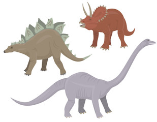 Set of herbivorous dinosaurs. Stegosaurus, triceratops and diplodocus in cartoon style.