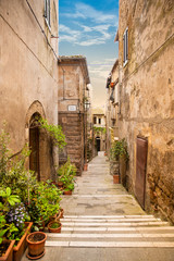 Pitigliano, Grosseto, Tuscany, Italy. Old alley with ancient houses and plants in the medieval town founded in Etruscan time