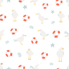 Seamless pattern with seagulls and sea symbols