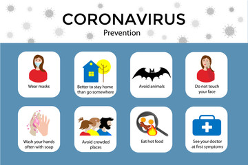 coronavirus prevention infographics. Wear mask, wash hands, stay at home, avoid animals, crowded places, eat hot food, call doctor