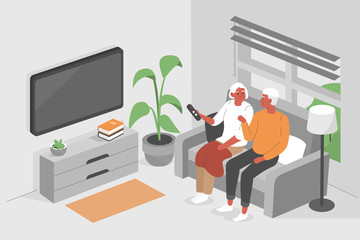 Old Couple Stay at Home. Senior Man and Woman Sitting on Sofa and Watching TV Together. Pensioners at Retirement Home. Elderly People Lifestyle. Flat Isometric Vector Illustration.