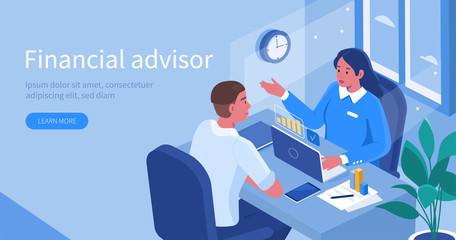 Financial Advisor Sitting at Office Desk and Talking with Client. Man Meeting Lawyer for Advice. Woman Business Consultant Analyzing Financial Report. Flat Isometric Vector Illustration. - obrazy, fototapety, plakaty