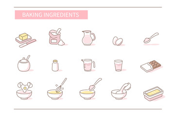 Baking Ingredients Icons Set. Various Food Symbols. Wheat Flour, Milk, Eggs, Sugar and other Cooking Ingredients. Preparation Dough for Pastry.  Flat Line Cartoon Vector Illustration.