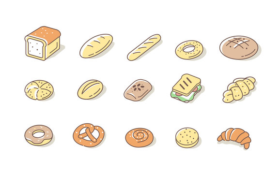 Bread and Buns Icons Set. Various Bakery Products Symbols. Baguette, Toast, Pretzel, Croissant and Other Variety of Bread. Cereal Bakery Signs Collection. Flat Line Cartoon Vector Illustration.