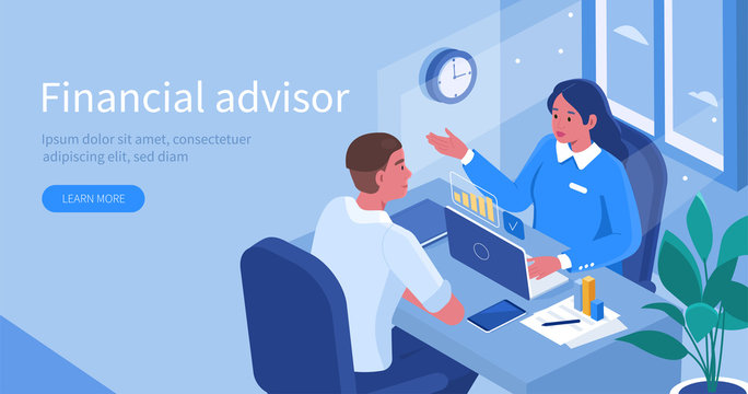 Financial Advisor Sitting At Office Desk And Talking With Client. Man Meeting Lawyer For Advice. Woman Business Consultant Analyzing Financial Report. Flat Isometric Vector Illustration.