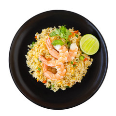 Thai Food - Fried rice with shrimp isolated on white background from top view