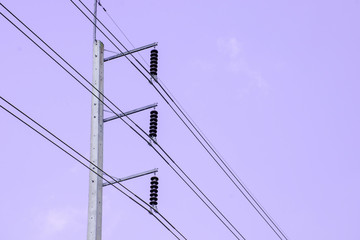 Electricity pole against blue sky clouds, Transmission line of electricity to rural, High voltage...