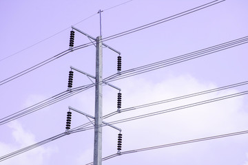 Electricity pole against blue sky clouds, Transmission line of electricity to rural, High voltage...