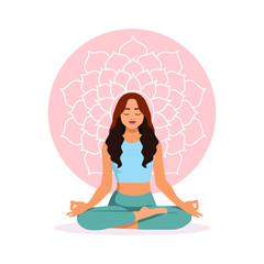 Young girl practices yoga in the Lotus position, in the background is the symbol of the Sahasrara Chakra. The concept of yoga, meditation, relax, harmony. Stock vector illustration in a flat style.