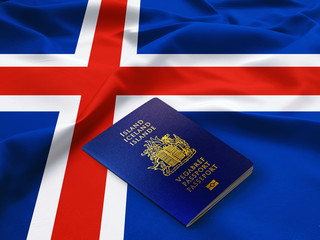 Icelandic Passport ,Official passport of Iceland on the top of an Icelandic flag  background