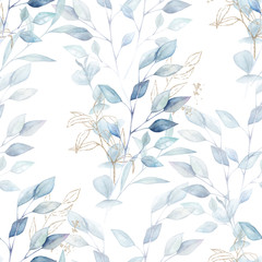 Watercolor seamless pattern with eucalyptus branches and gold leaves. Hand drawn illustration. Vintage  botanical print on white background - 332901736
