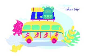 Retro travel bus with luggage. Vector illustration.