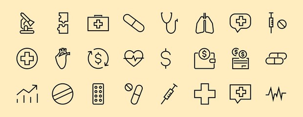 Simple Set of Medicine, Pills Related Vector Line Icons. Contains icons such as Pain, Syringe, tablet and more. Editable stroke. 480x480 pixels perfect, on a white background