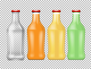 Four bottles in different colors on transparent background