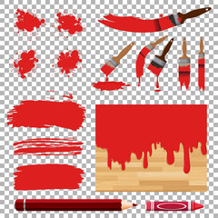 Different design of watercolor painting in red on white background