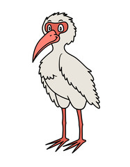 Cartoon Animal Ibis. Raster illustration. For pre school education, kindergarten and kids and children. For print and books, zoo topic. Smiling with happy face and long legs.tropical exotic crane bird