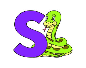 Fototapeta premium Animal alphabet. capital letter S, Snake. Vector illustration. For pre school education, kindergarten and foreign language learning for kids and children. For print and books, zoo topic.