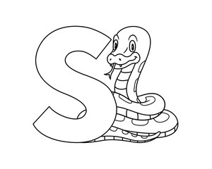 Fototapeta premium Animal alphabet. capital letter S, Snake. Raster illustration. For pre school education, kindergarten and foreign language learning for kids and children. Coloring page and books, zoo topic.
