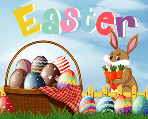 Happy Easter font design with easter bunny and eggs