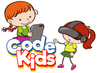 Font design for word code kids with girls and computer