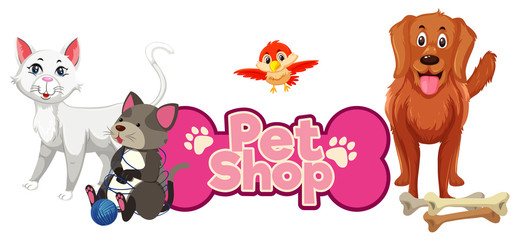 Fototapeta premium Font design for pet shop with many cute animals