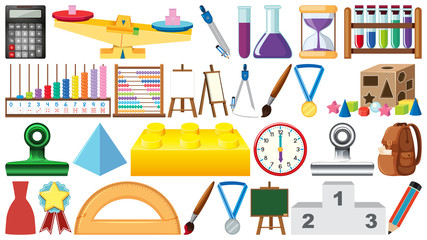 Big set of different school items on white background