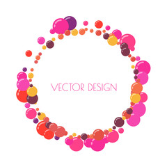 Multicolored round banner, frame of circles. Randomly scattered colored bubbles. Childish vibrant round dots on white background for decoration. Vector illustration.