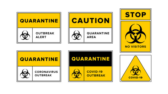 Quarantine outbreak alert templates set with biohazard symbol, Novel Coronavirus COVID-19 disease outbreak control. Restriction and caution. Vector design for print and web