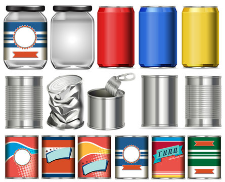 Set of aluminium cans with label design on white background