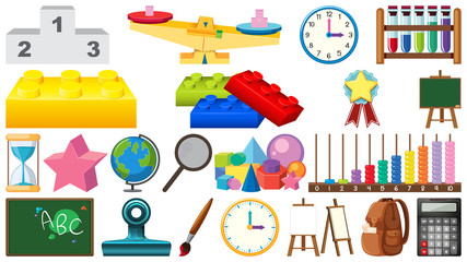 Large set of school items on white background