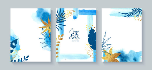Fototapeta na wymiar Set of creative cards with blue watercolor, golden sequins and hand drawn tropical plants.Vector decorative greeting card or invitation design background.