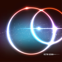 Vector abstract background with overlapping circles and dots. Chaotic motion. Round banner with empty space for text. Node molecule structure. Science and connection concept.