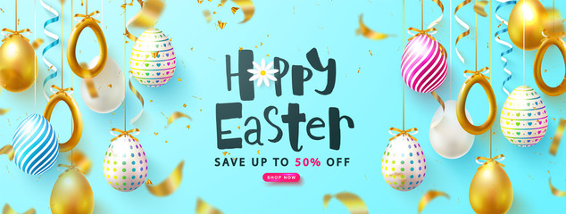 Easter Sale Background with decorated eggs and flying serpentine.Can be used for voucher, wallpaper,flyers, invitation, posters, brochure, coupon discount,greeting card.