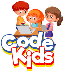 Font design for word code kids with children working on computer