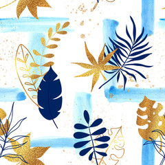 Modèle sans couture à la mode avec des coups de pinceau aquarelle bleu, des feuilles tropicales dessinées à la main et des étincelles dorées. Conception abstraite moderne pour papier, papier peint et autres utilisateurs. Illustration vectorielle