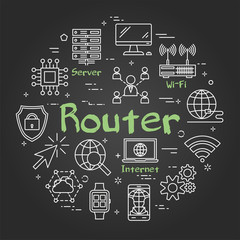Vector black line round internet router concept