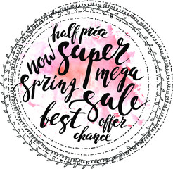 Hand drawn spring sale label with round frames and watercolor pink stain.