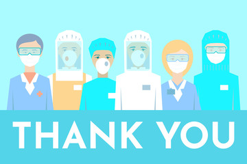 Postcart. Novel coronavirus (2019-nCoV) Doctors, nurses, medical staff, disinfectors, immunologists, virologists, epidemiologists. Protective medical clothing, face mask. Thank you doctors and nurses