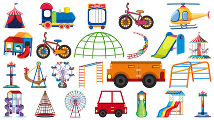 Large set of different rides and transportations on white background