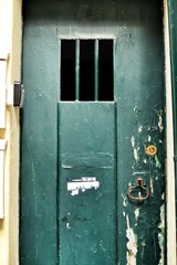 Green damaged wooden door with door knocker