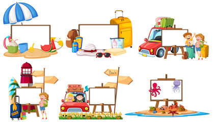 Six different designs of whiteboard with summer theme background