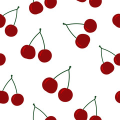 Bright and ripe cherries on white background. Seamless doodle summer pattern.