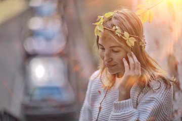 happy woman in autumn look, young girl outside in autumn mood