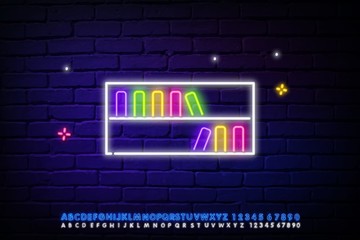 Glowing neon line Shelf with books icon isolated on brick wall background. Shelves sign. Vector Illustration
