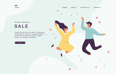 Landing page template for websites with young people are jumping. Cocept of spring sale.