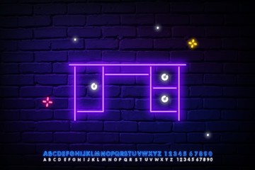 Glowing neon Desk icon isolated against a brick wall background. Alphabet of neon light. vector illustration