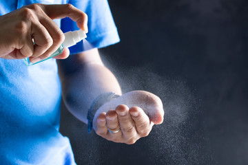 hand sanitizer spray wash hygienic person contamination virus bacteria covid-19 contagious disease
