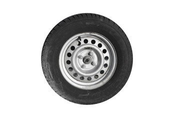 Closeup photo of trailer wheel isolated on white