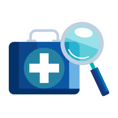 first aid kit with magnifying glass isolated icon vector illustration design