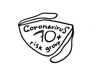 Marker drawing. A protective mask with the inscription Coronavirus 70 years at risk.